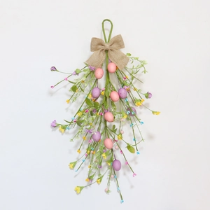 Ghirlanda di Pasqua 50cm fatta a mano con uova colorate, fiori di carta e fiocco di lino