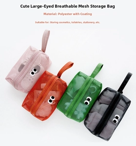 Detail of four colorful mesh storage bags with cute eye patches and lanyard handles