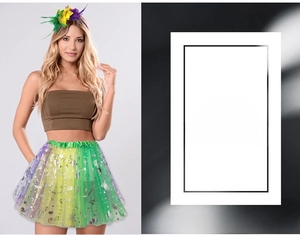 Festive Mardi Gras set with purple yellow green feather headband and sequin tutu skirt