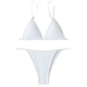 Classic white two-piece bikini set featuring triangle top and high-cut bottom on plain background