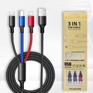 Three-in-one braided nylon charging cable with retail packaging box and multiple connectors