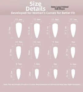 Size chart for extra long stiletto press-on nails featuring 24 pieces in 12 fit sizes