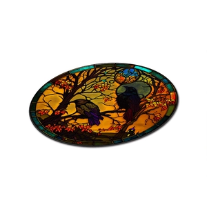Close-up of stained glass coaster featuring birds and autumn leaves decor