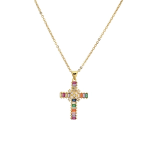 Gold cross necklace with colorful zircon gemstones and micro-pave white stones