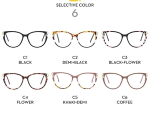 Matrix layout of six cat-eye TR90 frames in black, tortoiseshell, and floral colors