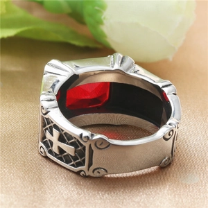 Vintage punk men's stainless steel ring with red rectangular stone and cross motifs