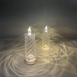 Detail view of crystal LED candle light with rose pattern refraction on dark background