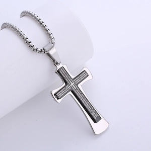 Silver stainless steel cross necklace with black inlay and Spanish Lord's Prayer engraving