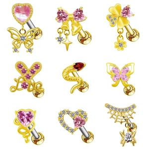 Pink zircon gold body jewelry set featuring clover, heart, and butterfly piercings