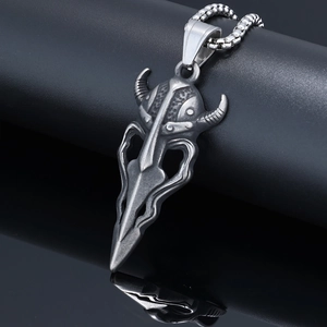 Retro stainless steel viking horn mask pendant necklace with oxidized finish and box chain
