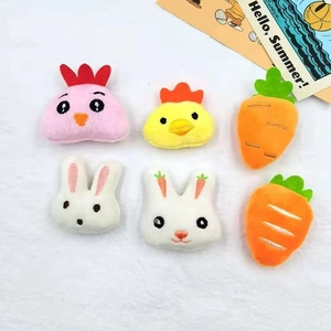 Cute plush embroidery pins set featuring bunny, chick and carrot on white fluffy background