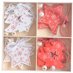 Wooden Christmas hanging ornaments set with red and white star and tree shapes in a box