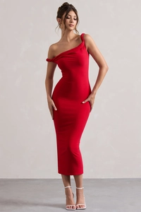 Robe midi rouge élégante à épaule dénudée et coupe ajustée pour soirées officielles