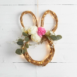 Easter Bunny Wreath Rattan Rabbit Shape Artificial Satin Peony Flower Eucalyptus Leaf Warm White LED Light Door Hanging