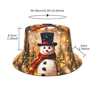 Christmas snowman pattern bucket hat with size specs for outdoor casual sun protection