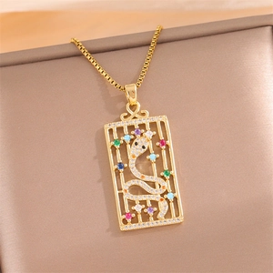 Golden titanium steel rectangle pendant necklace with crystal snake and colorful gemstones