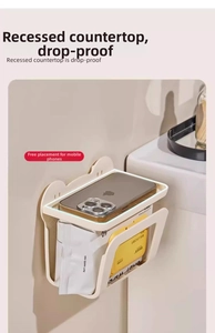 Detail of wall-mounted tissue box with top tray and storage for wet wipes