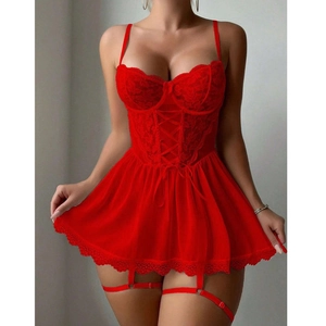 Red lace babydoll lingerie set with sheer mesh and cross-strap details for women