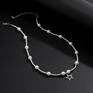 Men's pearl and silver bead necklace featuring a minimalist pentagram star pendant