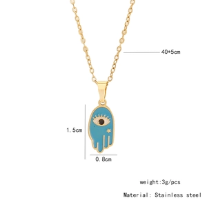 Macro detail of Hamsa Hand pendant with blue enamel eye and stainless steel dimensions