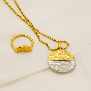Two Tone Hammered Round Pendant Necklace Ring Jewelry Set Stainless Steel 18K Gold Plated Box Chain For Women Fashion