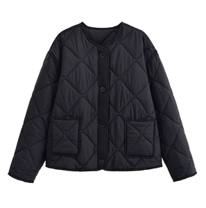 Women's black quilted jacket with diamond stitching and front buttons on white background