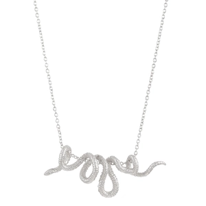 Detailed close-up showing the silver snake pendant texture and polished O-chain metal finish