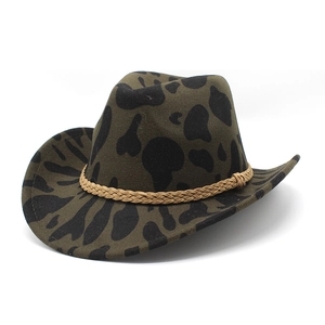 Detail of army green cow print cowboy hat with light brown braided decorative rope
