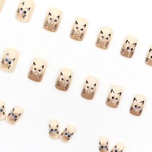 Brown Siamese cat press-on nails set with cute cartoon designs and a gradient finish