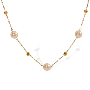 Elegant 18K gold-plated stainless steel necklace with pink pearls and golden beads