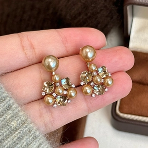 Vintage Geometric Flower Cluster Stud Earrings With Imitation Artificial Pearl Rhinestone And 925 Sterling Silver Earring Post