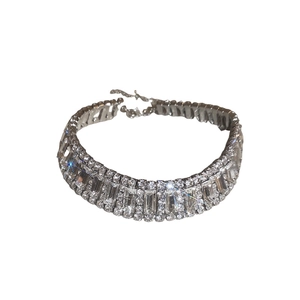 Sparkling full diamond choker necklace with rectangular crystals and adjustable silver chain