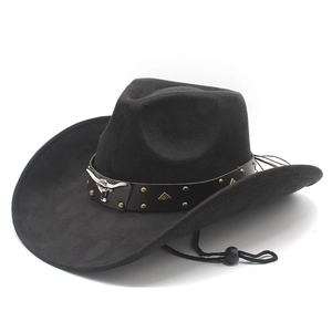 Classic black faux suede western cowboy hat with silver bull head and adjustable cord