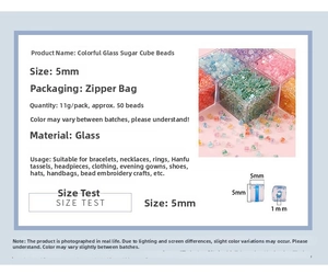 Detailed specs for 5mm iridescent cube glass beads with 1mm hole for DIY jewelry making