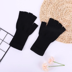 Long knit fingerless gloves in solid black acrylic fabric for autumn and winter warmth