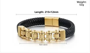 Detail of black leather motorcycle bracelet with gold chain and size specifications