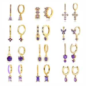 Drop Earrings With 925 Sterling Silver Earring Post Purple Zirconia Copper Geometric French Style Elegant For Women