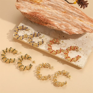 14K gold plated C-shaped twisted hoop earrings with multicolored zircon stones