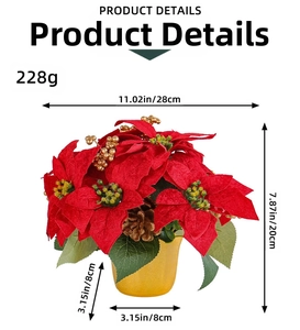 Detailed view of artificial red poinsettia pot with size specs and golden berries