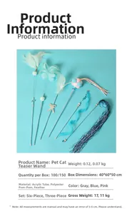 Detail view of assorted cat wand toys with feathers, ribbons and plush balls on blue background