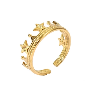 Detail of 18k gold plated open ring with crown and star motif and rope texture