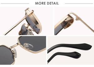 Detailansicht goldene Metallsonnenbrille mit Vintage-Webmuster und Metallscharnieren
