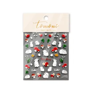 Stickers nail art 3D en relief avec lapins blancs, fraises et motifs de muguet