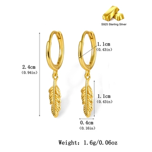 Macro view of gold S925 sterling silver feather drop earrings with dimensional specs