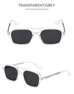 Detail view of transparent grey pilot sunglasses with double bridge and dark lenses