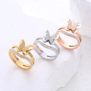 Titanium steel butterfly rings with matte finish and crystals in gold, silver, rose gold