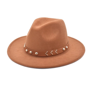 Unisex Wide Brim Woolen Fedora Hat Vintage Jazz Cap With Decorative Leather Band Rivets For Men Women Autumn Winter Fashion
