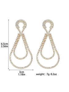 Detailed size specifications for gold drop rhinestone earrings showing length and width