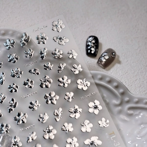 3D silver flower nail decals with metallic relief texture for professional manicure art
