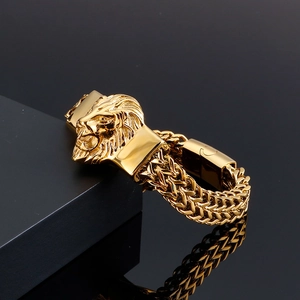 Men's vintage lion head stainless steel bracelet with golden double woven chain